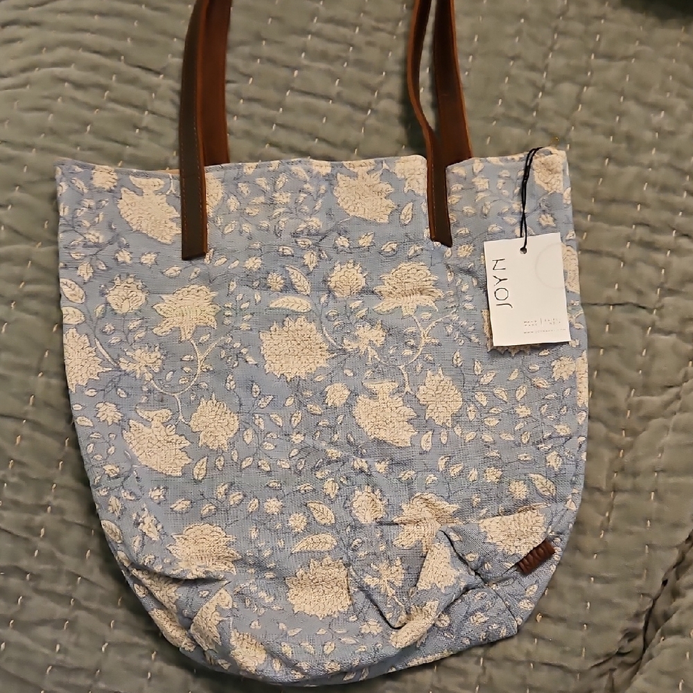 Joyn, New, Limited Edition Blue Floral Tote Bag With Leather Straps